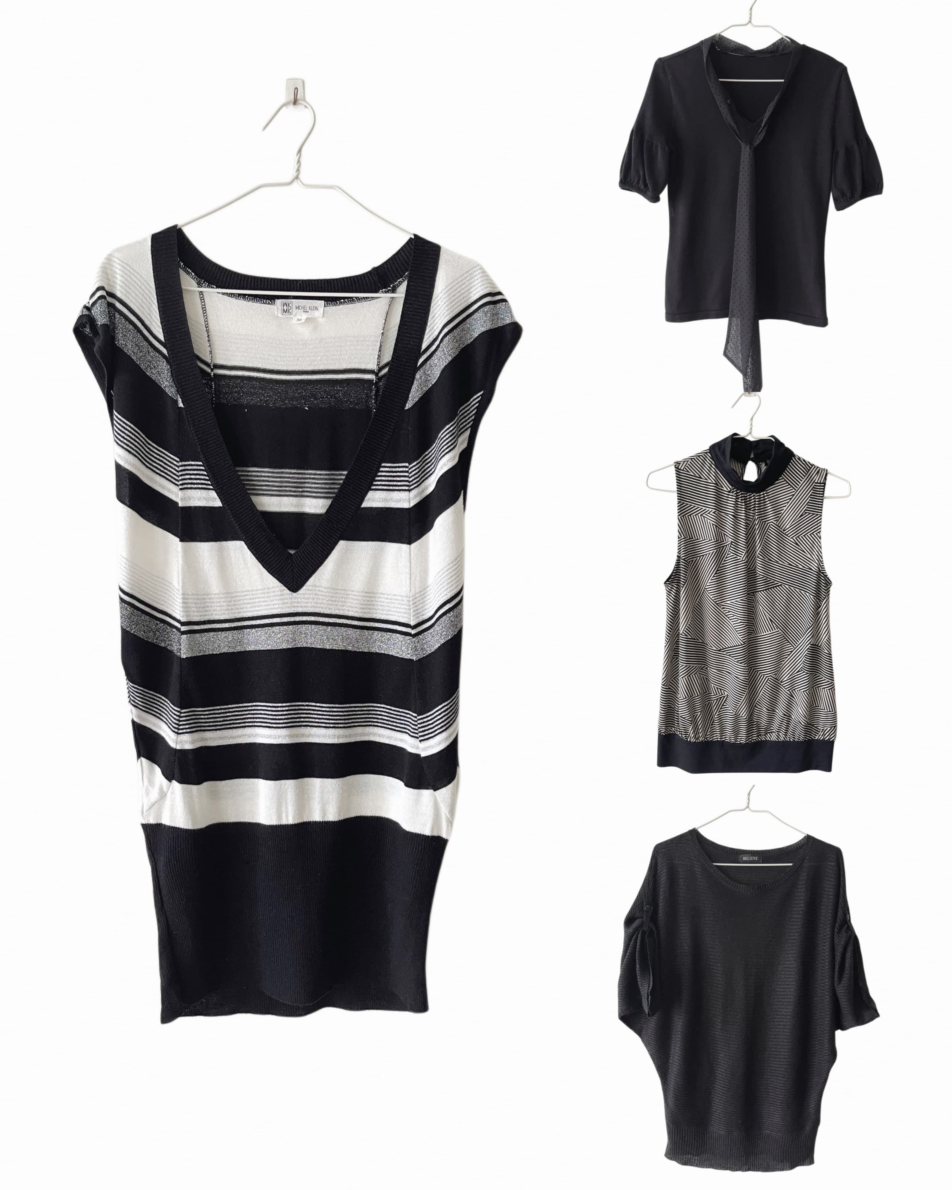 1. Michel klein deep v-neck striped knit blouse
Length 79 | Hip 85~100 | 🏷️435
2. Tie neck knit top
Length 56 | Chest 75~88 | 🏷️295
3. High neck sleeveless geometric pattern blouse 
Length 63 | Chest 78~95 | 🏷️315
4. Knit oversized blouse 
Length 70 | 🏷️315

T092642
T092644
T092649
T092650