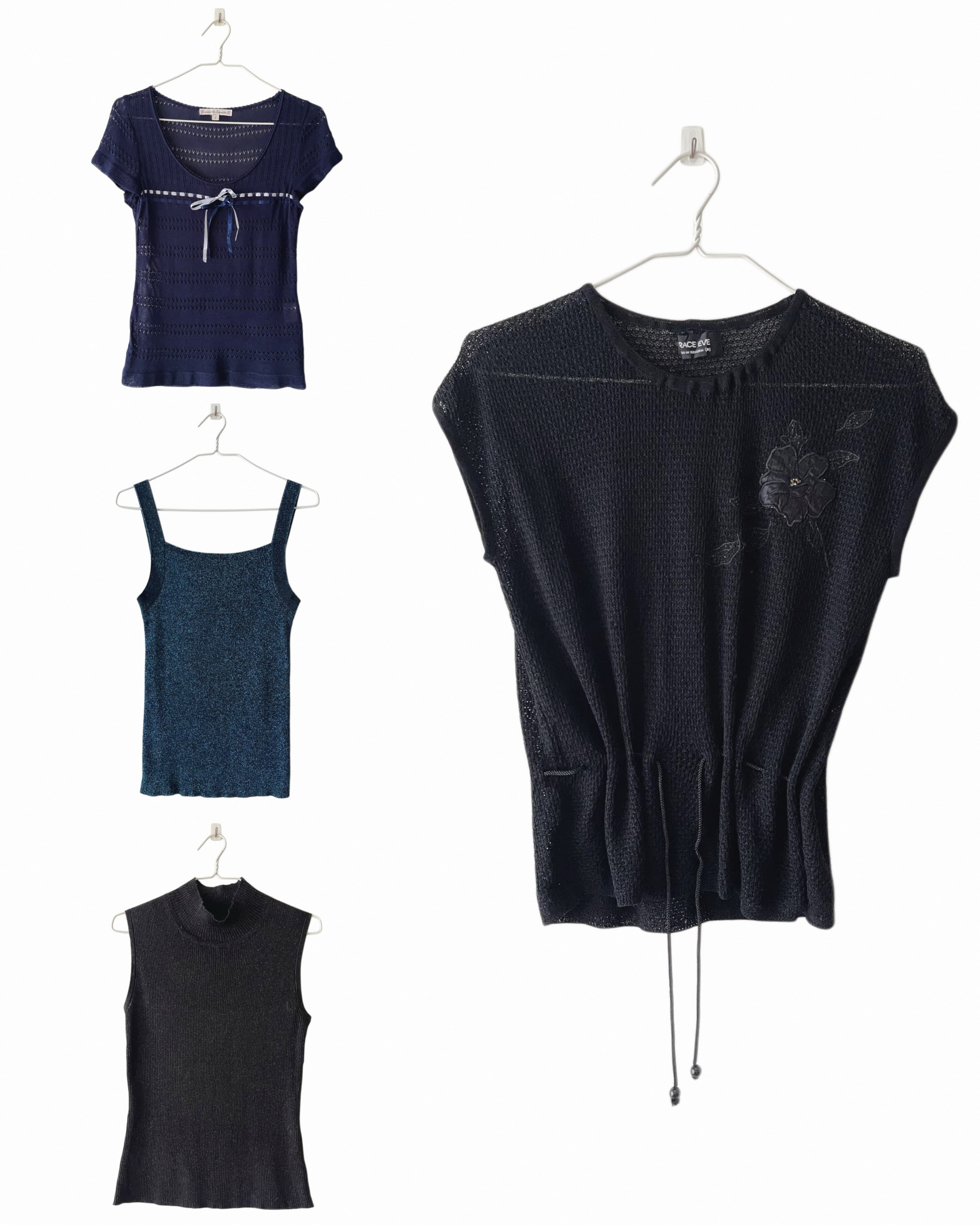 1. Ribbon tie navy blue knit top
Length 53 | Chest 75~85 | Waist 65~75 | 🏷️285
2. Metallic cami knit top 
Length 59 | Chest 70~82 | 🏷️285
3. Highneck sleeveless knit top 
Length 57 | Chest 75~85 | 🏷️335
4. Drawstring flower accent knit top 
Length 51 | Chest 78~88 | 🏷️295

T092653
T092647
T092651
T092643
