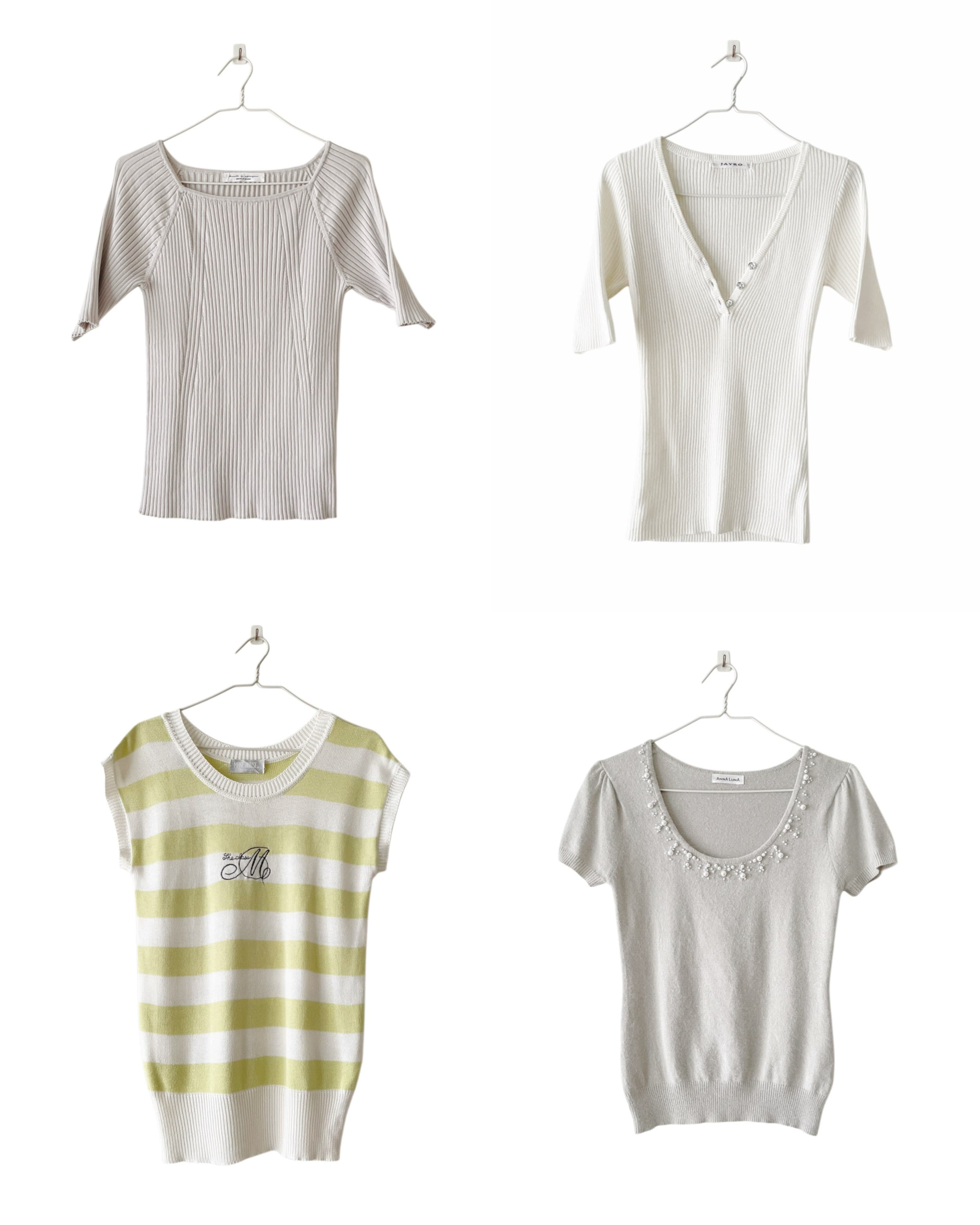 Knit top 
1. Light grey bibbed knit top 
Length 57 | Chest 80~95 | Waist 70~85 | fit M-L | 🏷️285
2. Jayro V-neck button ribbed knit top 
Length 58 | Chest 70~80 | Waist 60~70 | fit S | 🏷️350 SOLD
3. Striped knit top 
Length 67 | Chest 75~90 | fit S M L | 🏷️350
4. Sequin neck wool top
Length 55 | Chest 70~78 | Waist 60~68 | fit S | 🏷️335

T092656
T092652
T092646
T092655